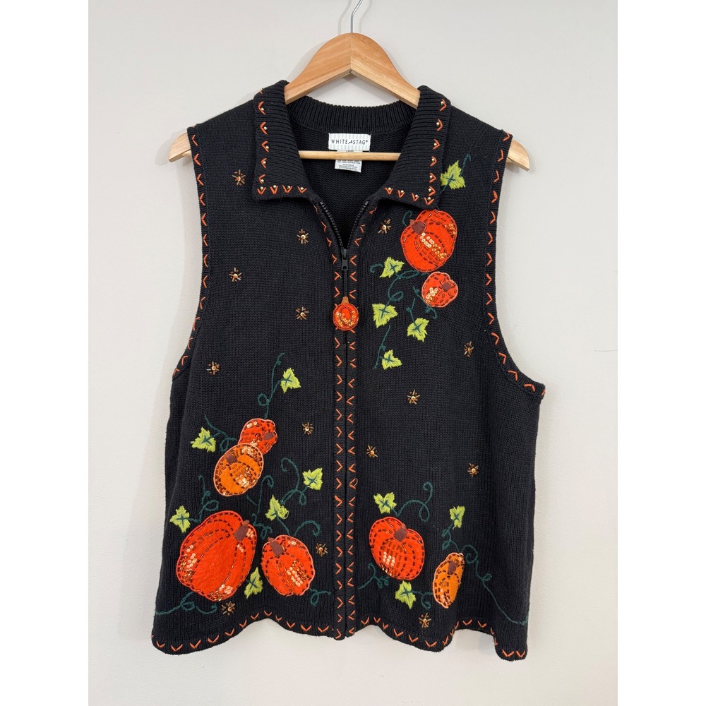 Vintage 90s White Stag XL Sweater Vest Pumpkin Autumn Halloween Zip Embroidered